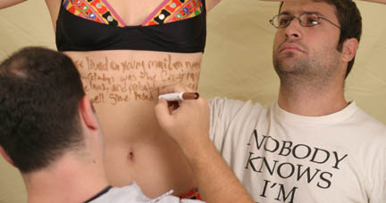 Geoff and Josh stood perfectly still, while Anna's body was slowly rotated via Lazy Susan.